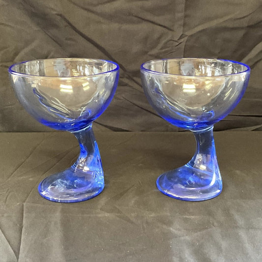 Bormioli Rocco Jerba Blue Glass Dessert Cup Goble Curved Stem - Pair