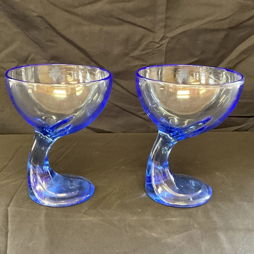 Bormioli Rocco Jerba Blue Glass Dessert Cup Goble Curved Stem - Pair