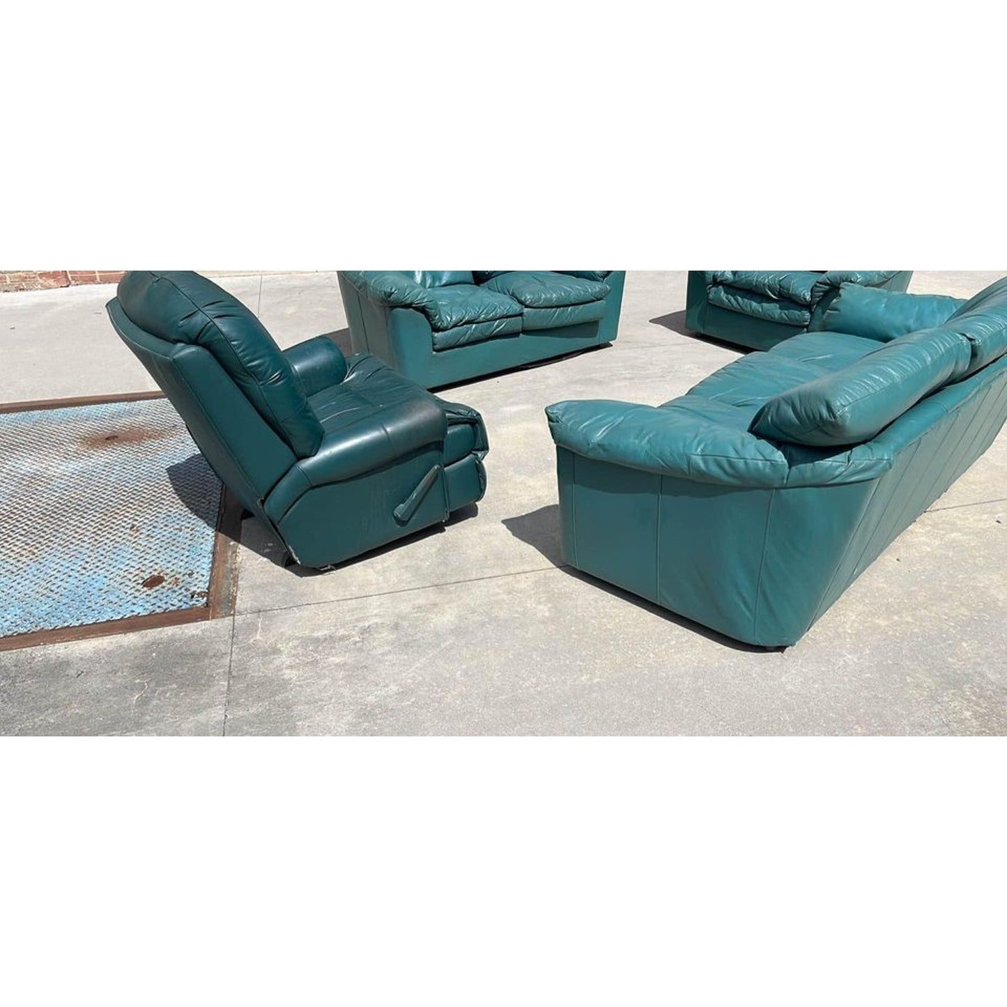 Four Piece Green Leather Living Room Sofa Loveseat And Chairs Set