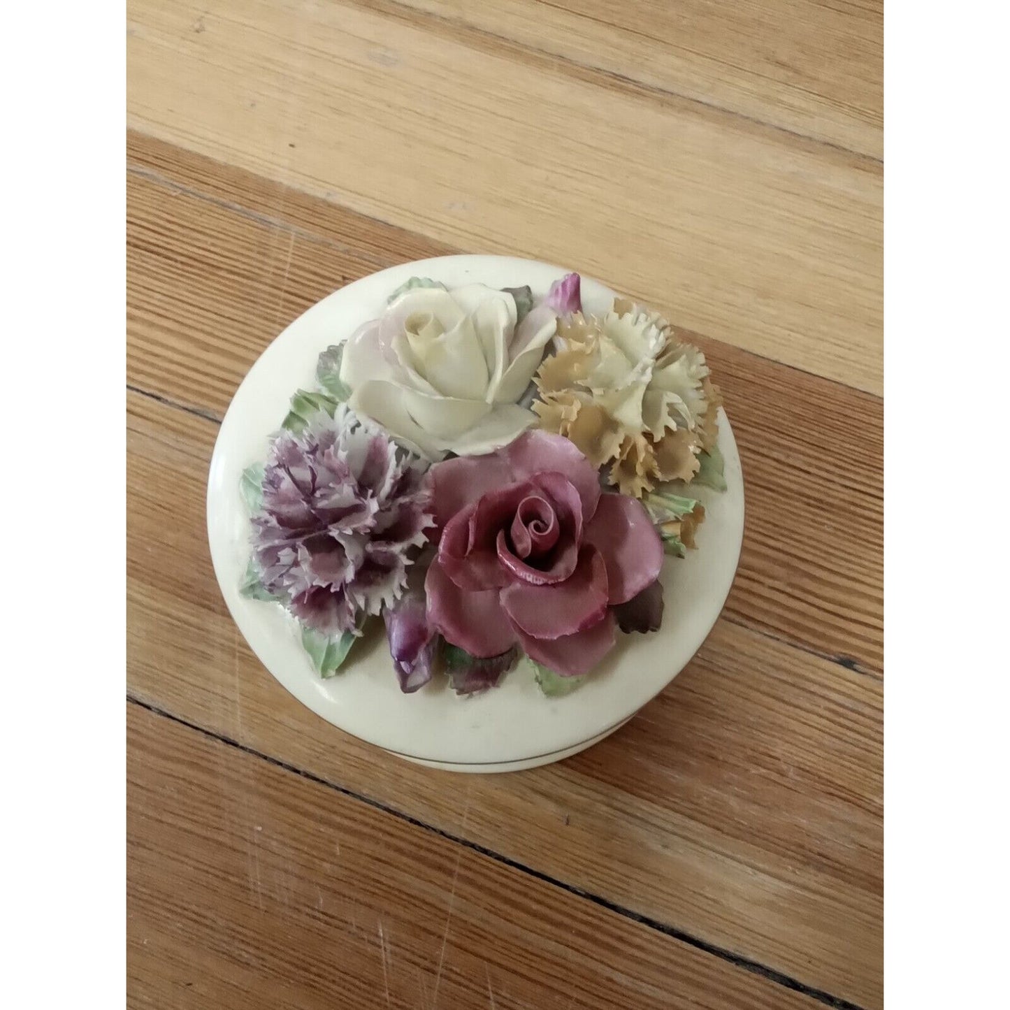 Vintage Crown Staffordshire Fine Bone China Trinket Jar with Raised Flower Lid