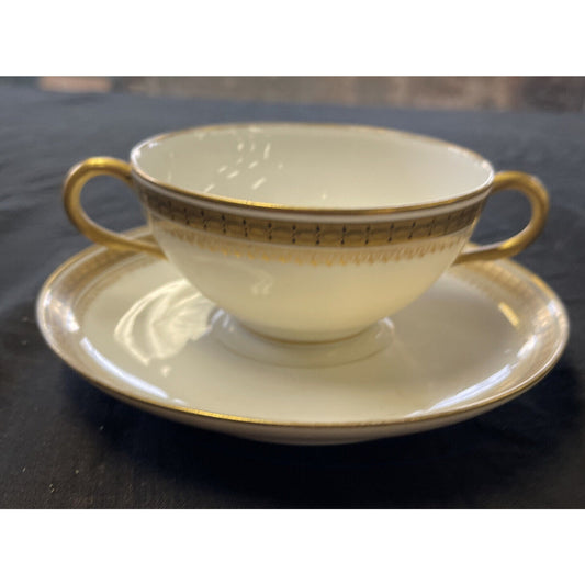 Wm Guering & Co Limoges Gilded Cream Soup or Bullion Cup & Saucer circa 1900's