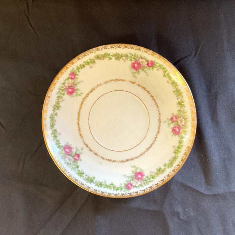 GDA Limoges Gilded w/ Ivy/Rose Pattern Bouillon Cup & Saucer