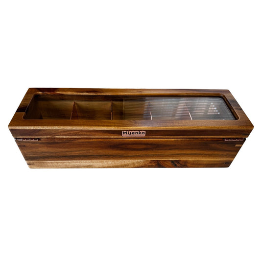 Mijenko Acacia Wood 4 Compartment Tea Chest-Glass Lid-Rose Gold Accents Giftable