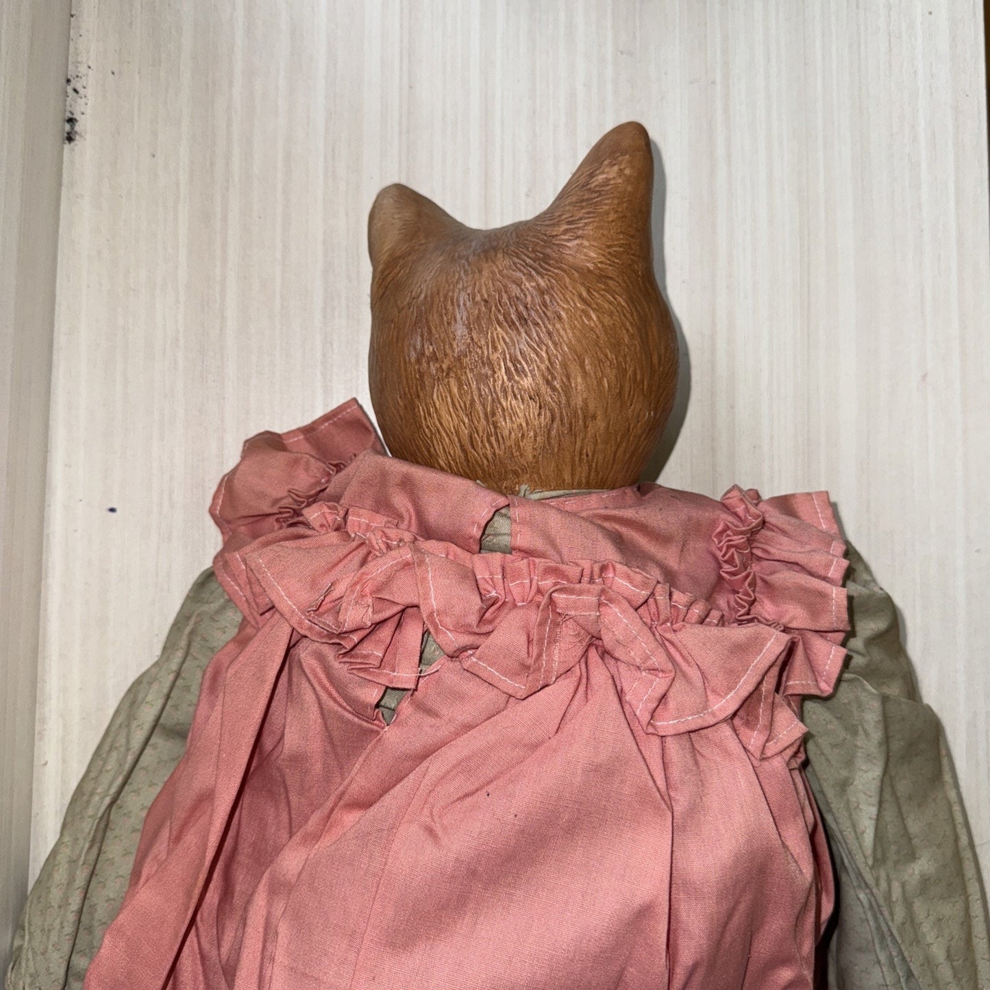 Porcelain Cat Doll VTG 22" Brown Female Green Eyes Pink Dress Clean Unique