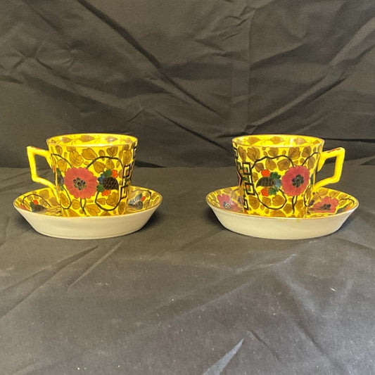 Hand painted Floral & Oriental Decor Cappuccino Cups & Saucers - Pair