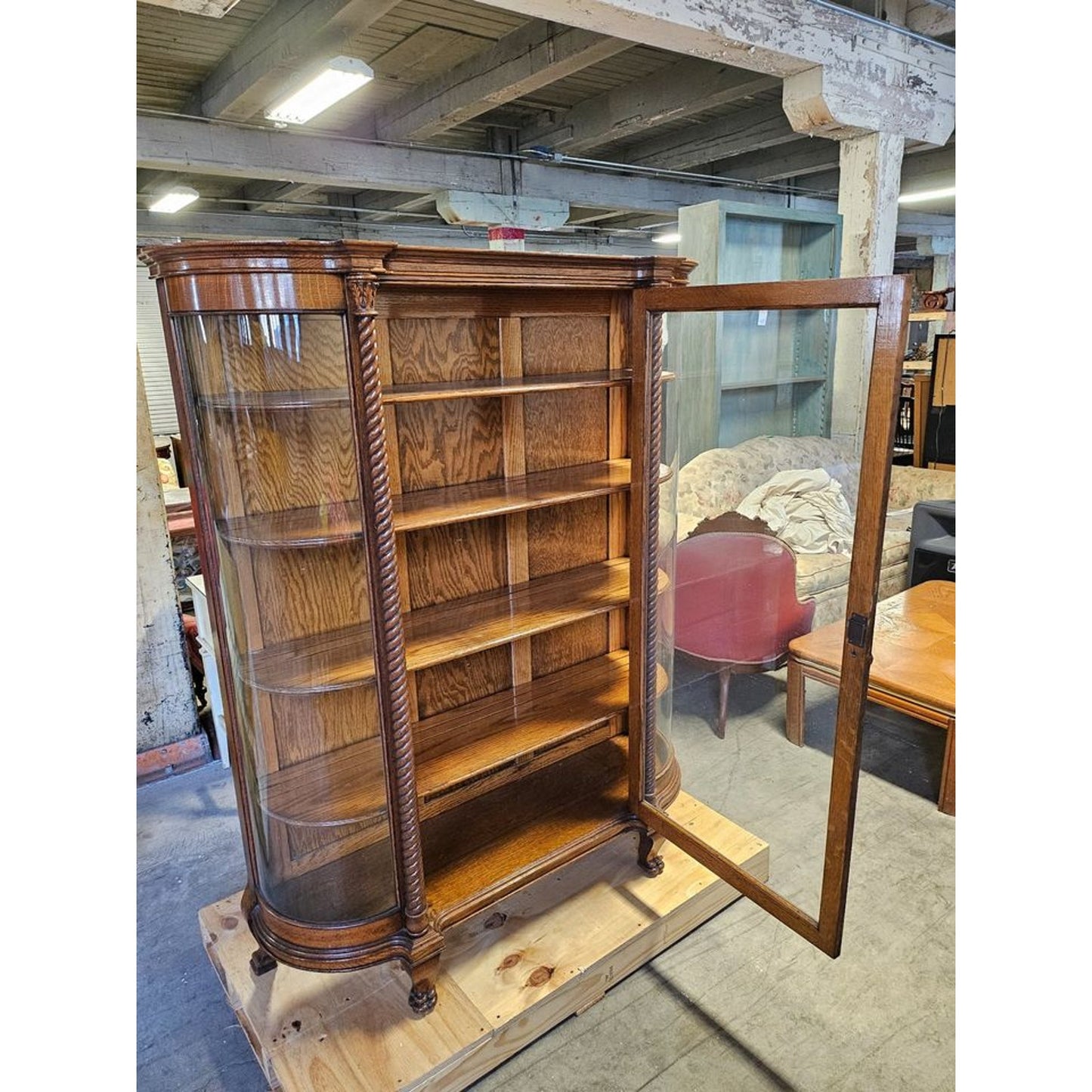 Antique Solid Oak Fine Carved Curved Glass China/Curio Cabinet