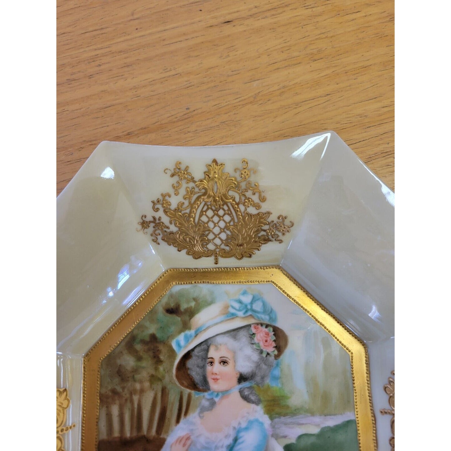 Le Seynie French Guilt Creamy Octagon Frame Portrait Porcelain Plaque circa 1903