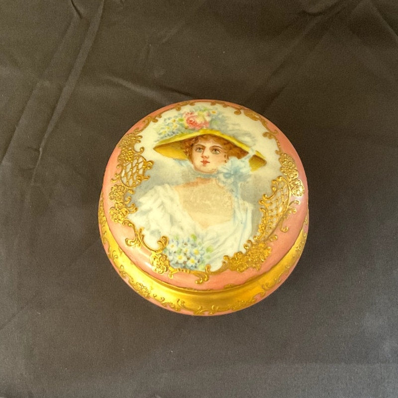 Antique Pink T&V Limoges Hand Painted Portrait Powder Jar