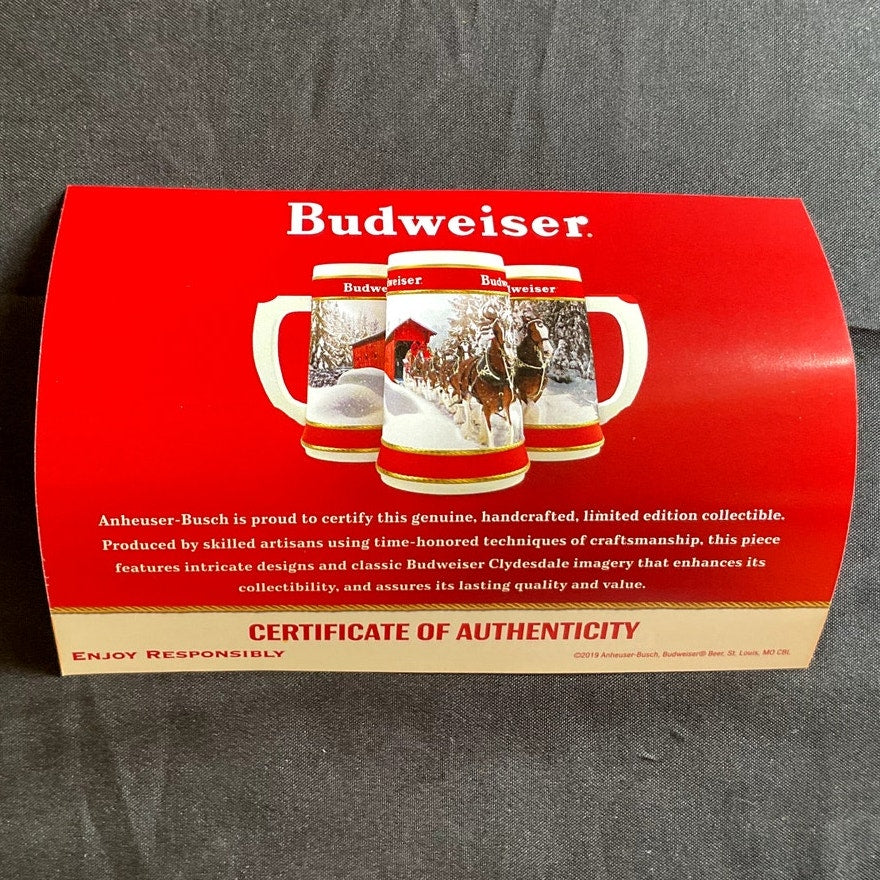 2019 Budweiser Holiday Beer Stein w/ Certificate of Authenticity