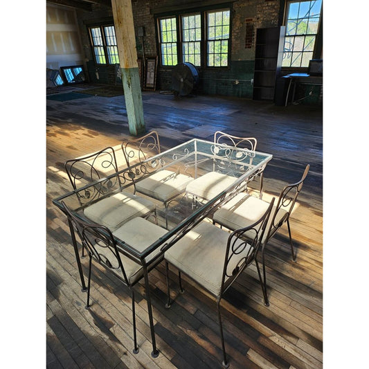 Vintage Wrought Iron Outdoor Table and Six Chair Set