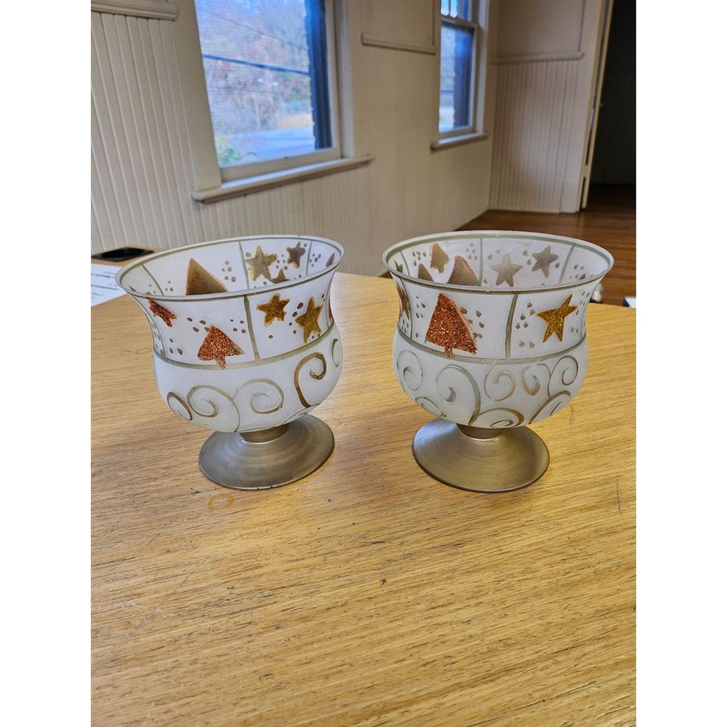 Large Christmas Themed Glass Candle Holders Set of Two