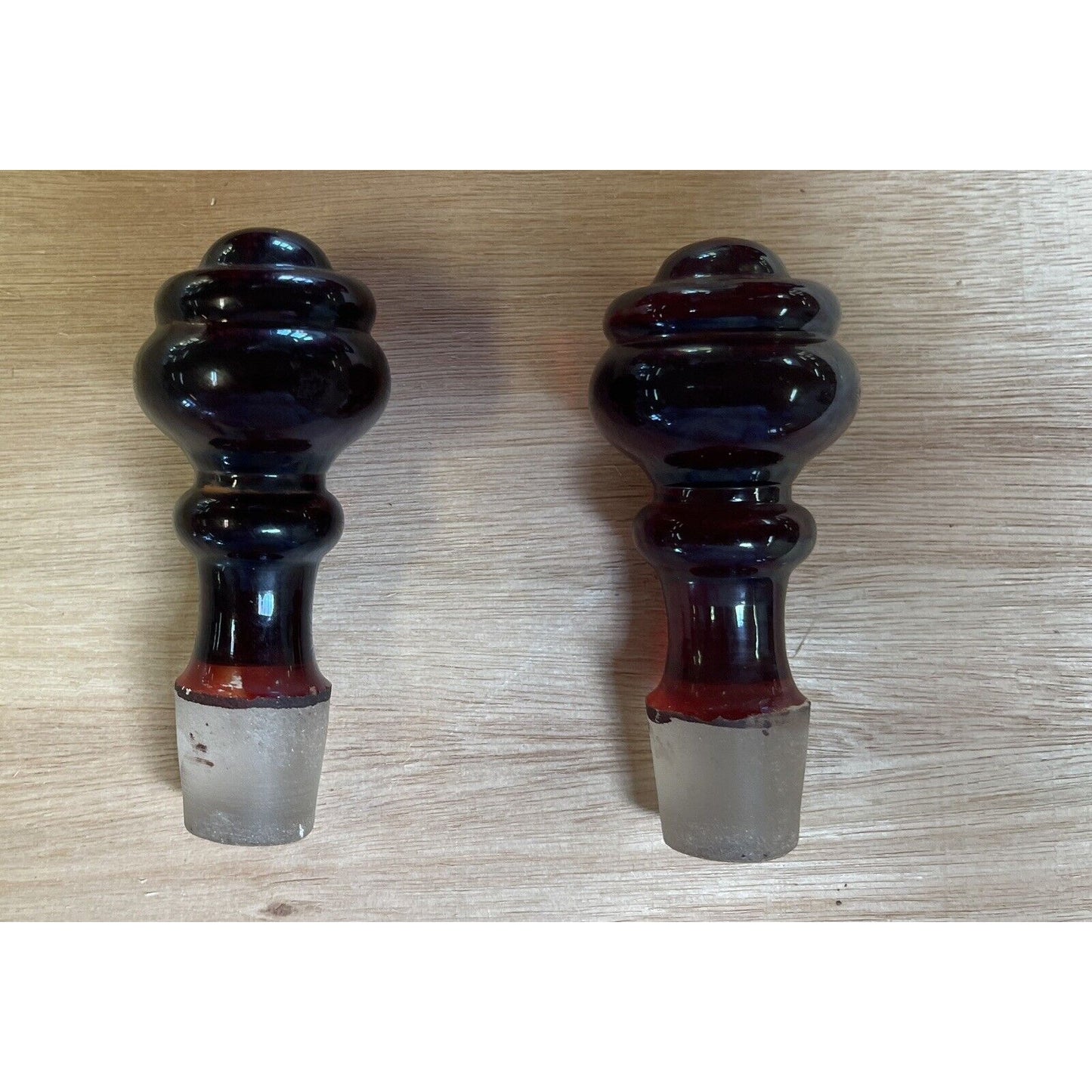 Pair of Bohemian Ruby Red Sand Etched Decanters