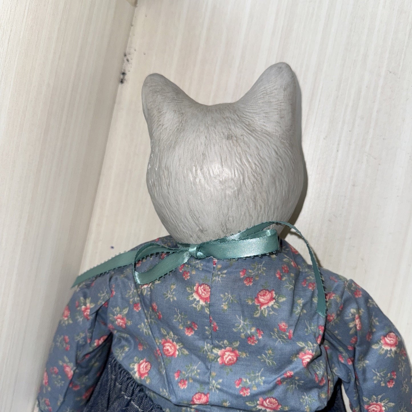 Porcelain Cat Doll VTG 22" Male Green Eyes Gray Floral Shirt Denim Jeans