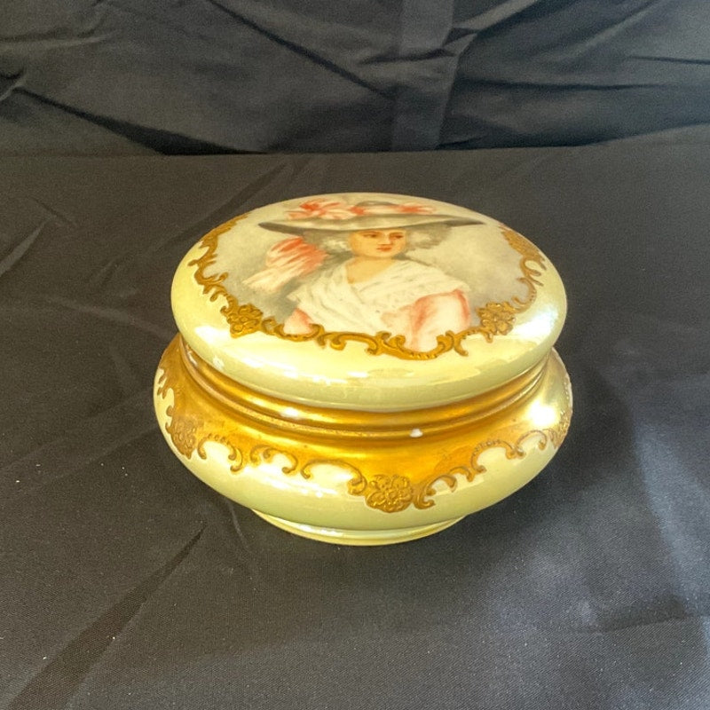 Antique Yellow T&V Limoges Hand Painted Portrait Powder Jar
