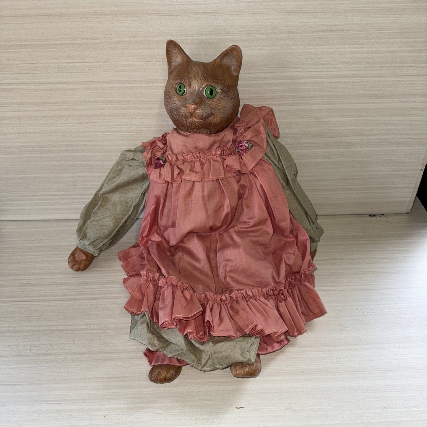 Porcelain Cat Doll VTG 22" Brown Female Green Eyes Pink Dress Clean Unique