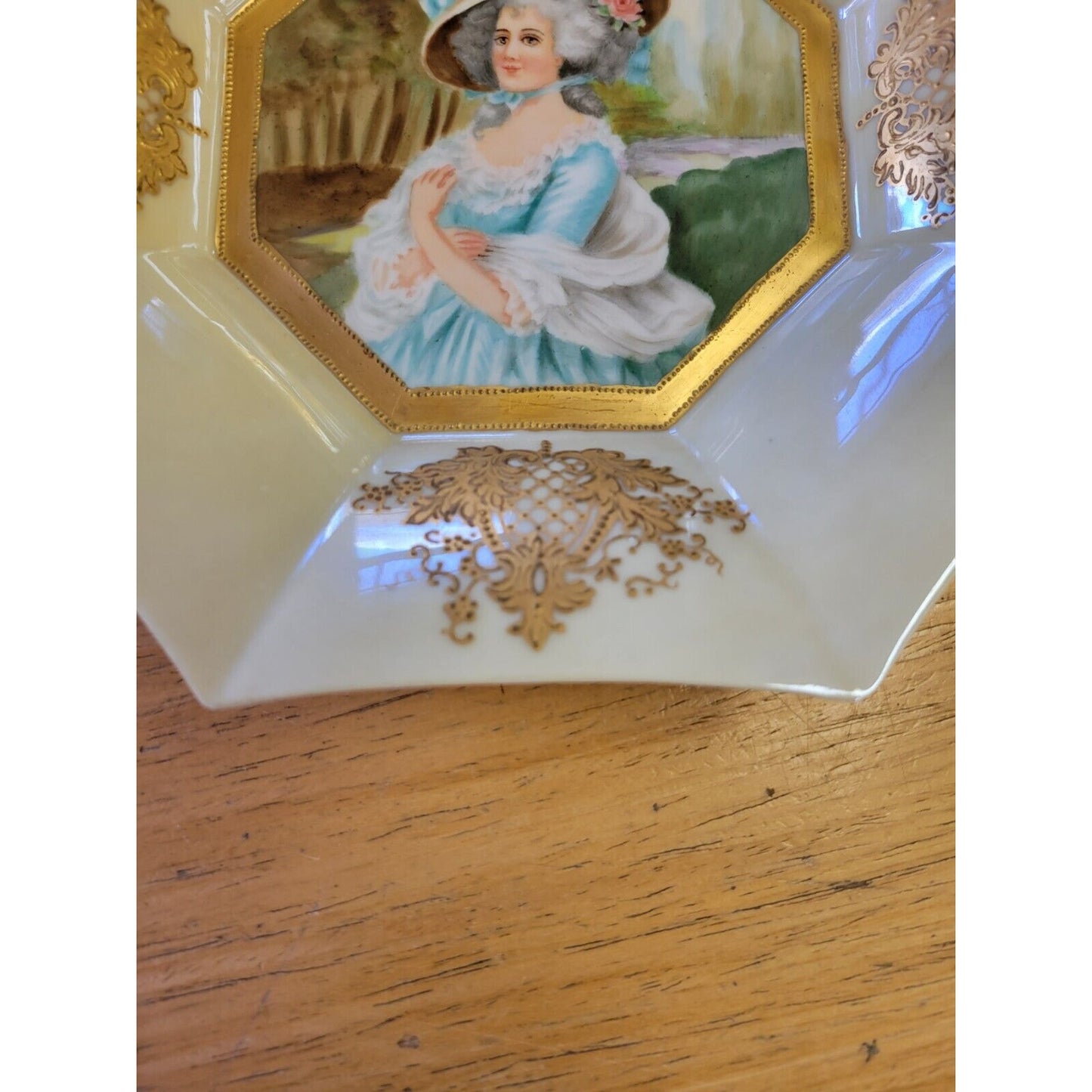 Le Seynie French Guilt Creamy Octagon Frame Portrait Porcelain Plaque circa 1903