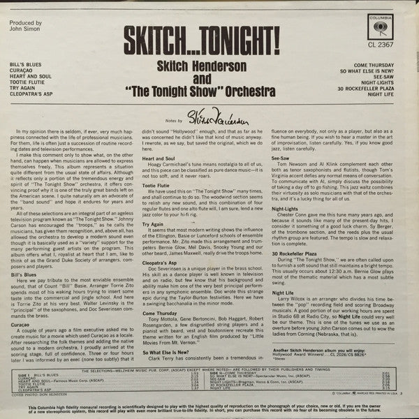 Skitch Henderson & His Orchestra : Skitch...Tonight! (LP,Album,Mono)