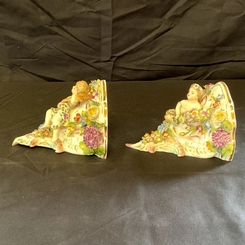 Vintage Voigt Bros. Porcelain Mini Wall Console Floral & Cherub Motif - Pair