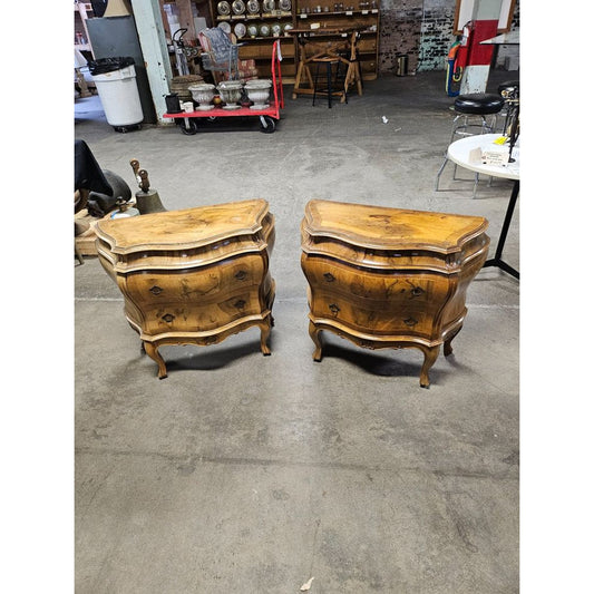Pair of Vintage Italian Parquet Burl Wood Bombe Style Two Drawer Chests