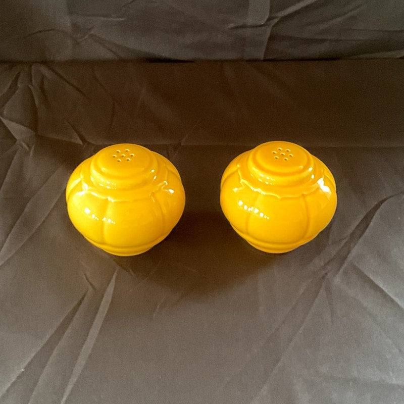 Vintage Riviera Pottery Six Hole Round Yellow Salt & Pepper Shakers (No Plug)