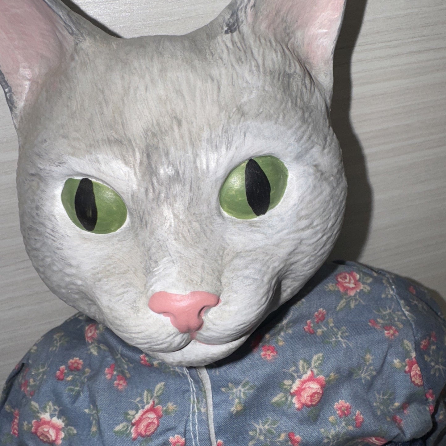 Porcelain Cat Doll VTG 22" Male Green Eyes Gray Floral Shirt Denim Jeans