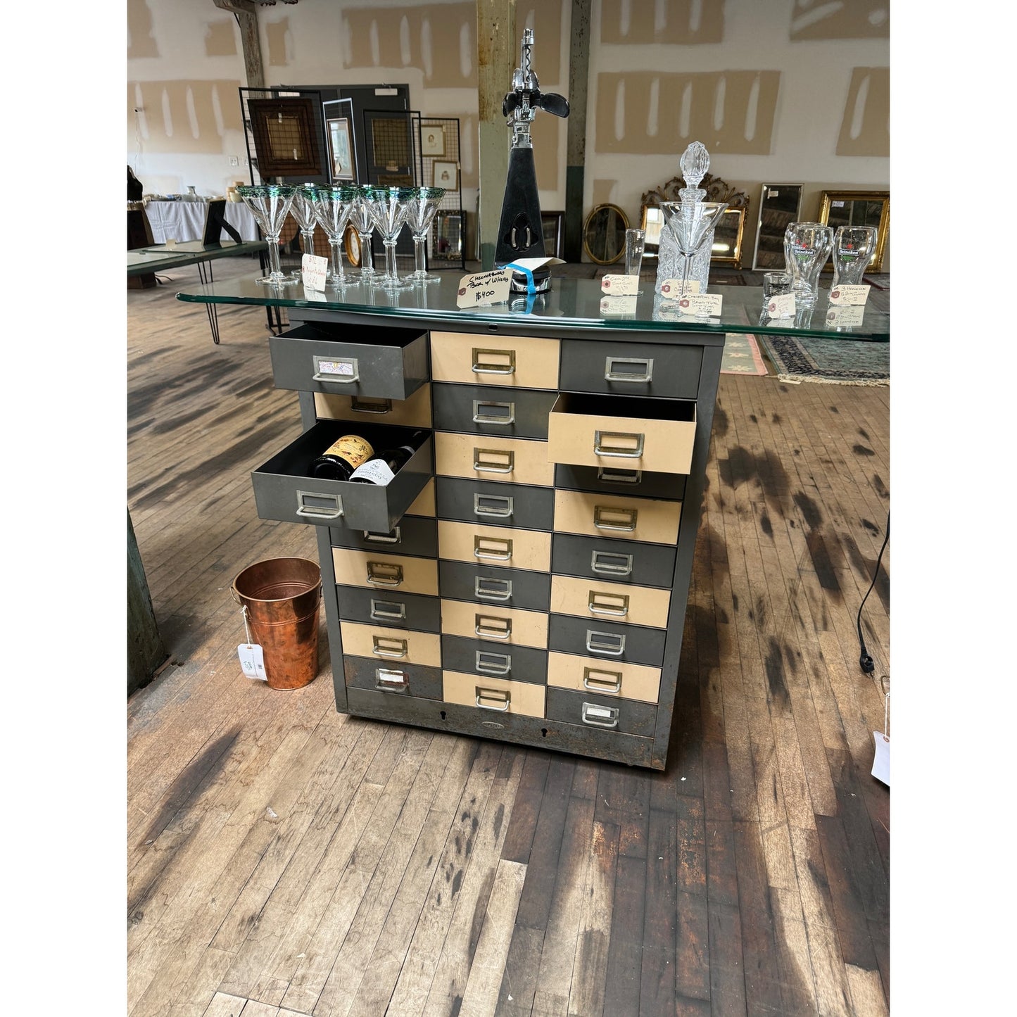 Upcycled Bar - Cole 27 Drawer File Cabinet on Wheels with Glass Top