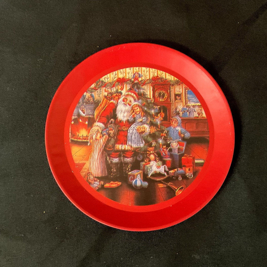 Vintage Christmas Coasters Metal 3.75" in Matching Tin - Set of 6