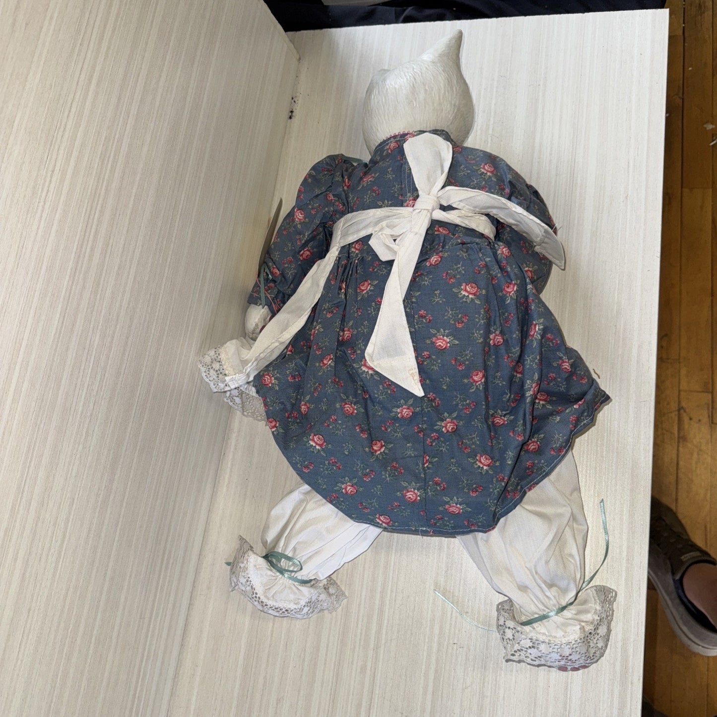 Porcelain Cat Doll VTG 22" White Handmade Gray Floral Dress by Dolls Unlimited