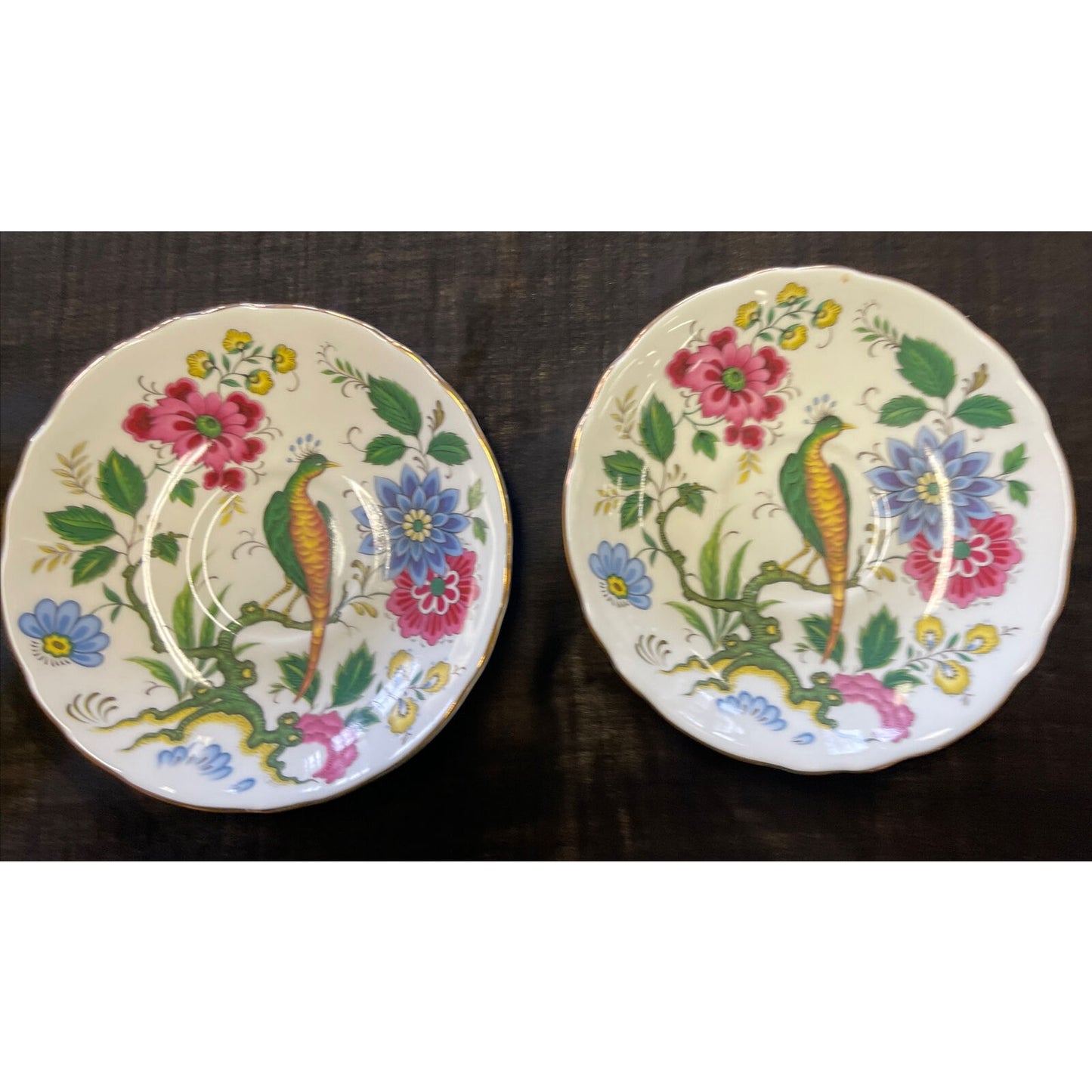 Vintage Set of 2 Crown Staffordshire Exotic Bird Coffee Cup and Saucer