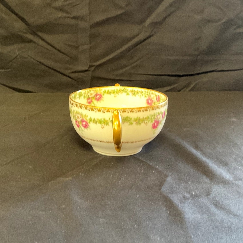 GDA Limoges Gilded w/ Ivy/Rose Pattern Bouillon Cup & Saucer