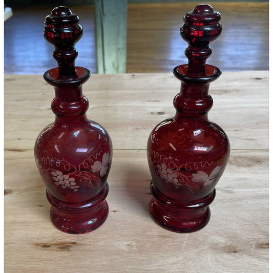 Pair of Bohemian Ruby Red Sand Etched Decanters