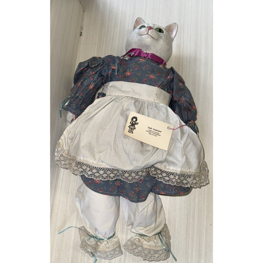 Porcelain Cat Doll VTG 22" White Handmade Gray Floral Dress by Dolls Unlimited