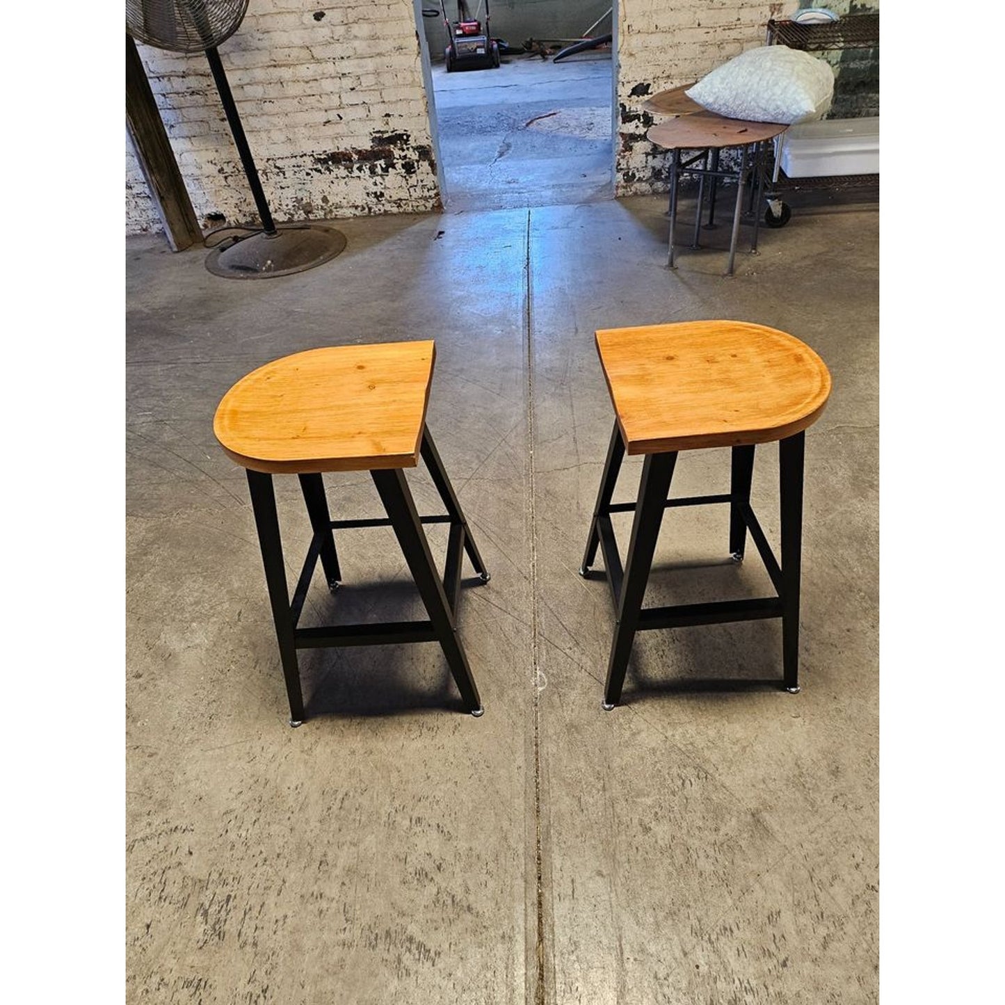 Set of Two Metal Frame Half Round Wood Seat Barstools