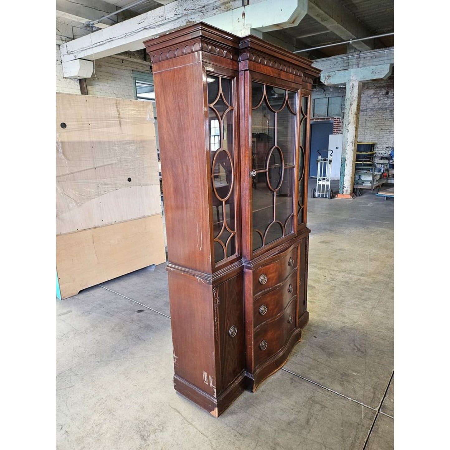 Vintage Small Mahogany Breakfront China Cabinet