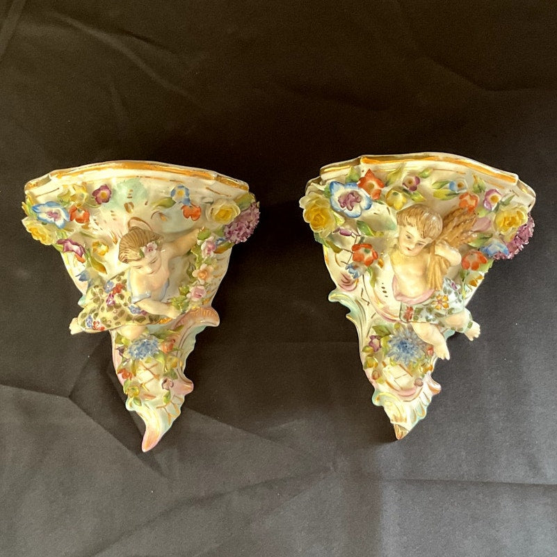 Vintage Voigt Bros. Porcelain Mini Wall Console Floral & Cherub Motif - Pair