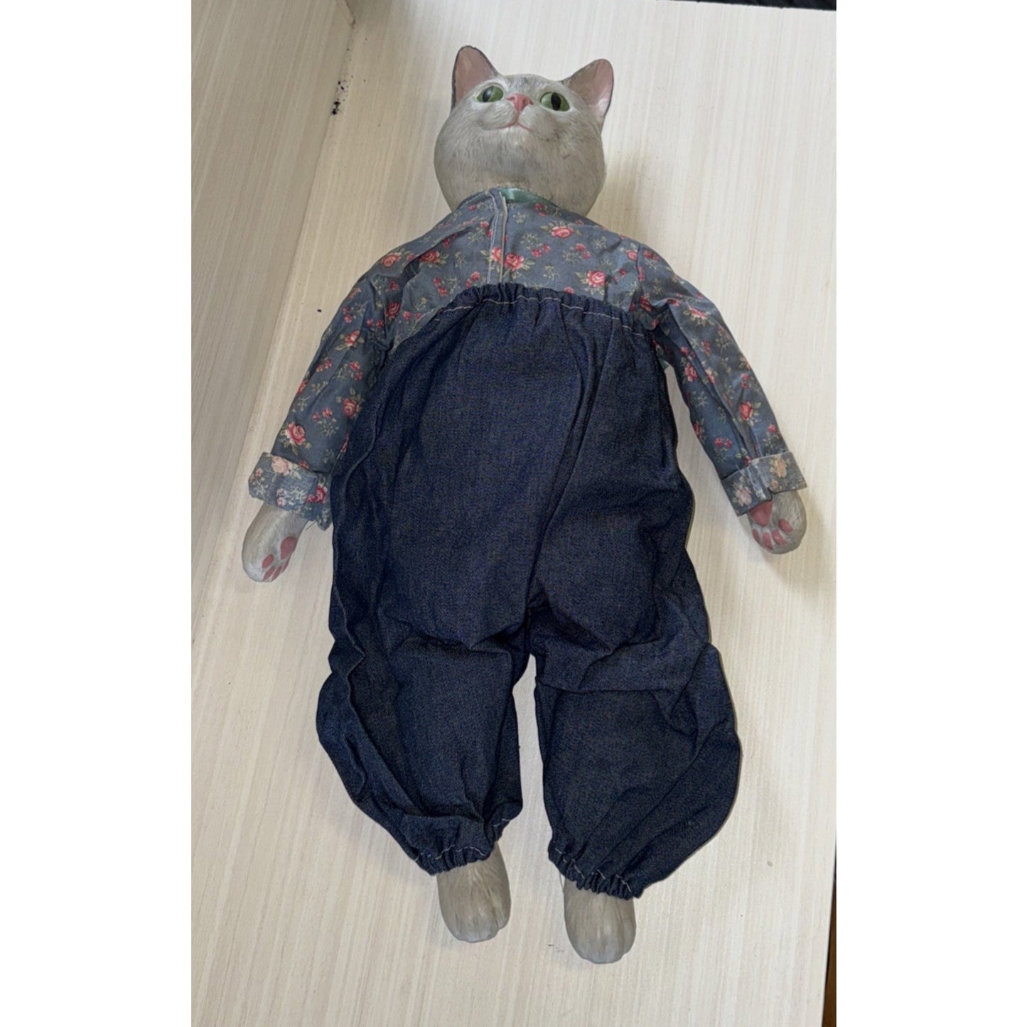 Porcelain Cat Doll VTG 22" Male Green Eyes Gray Floral Shirt Denim Jeans