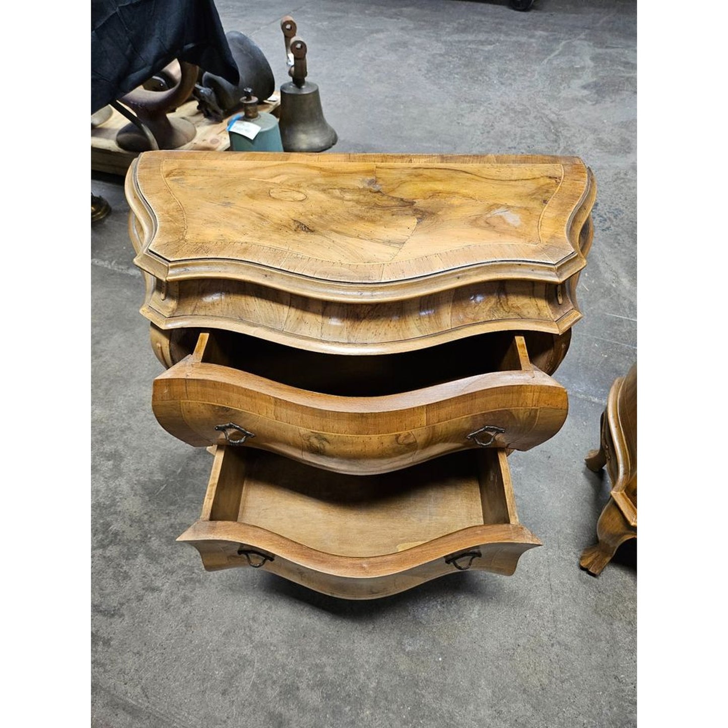 Pair of Vintage Italian Parquet Burl Wood Bombe Style Two Drawer Chests