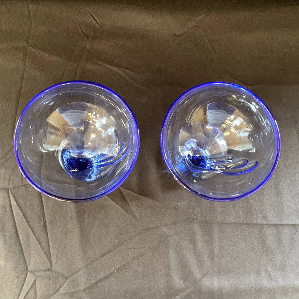 Bormioli Rocco Jerba Blue Glass Dessert Cup Goble Curved Stem - Pair