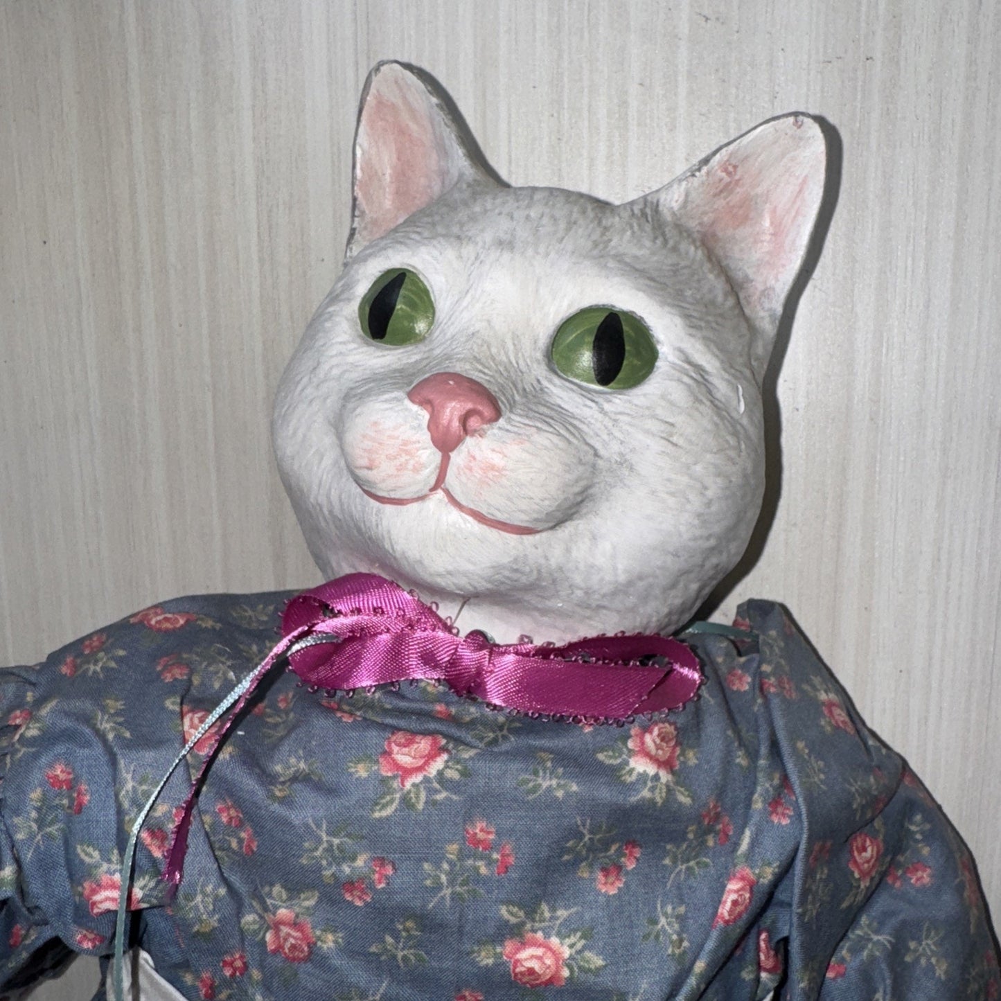 Porcelain Cat Doll VTG 22" White Handmade Gray Floral Dress by Dolls Unlimited