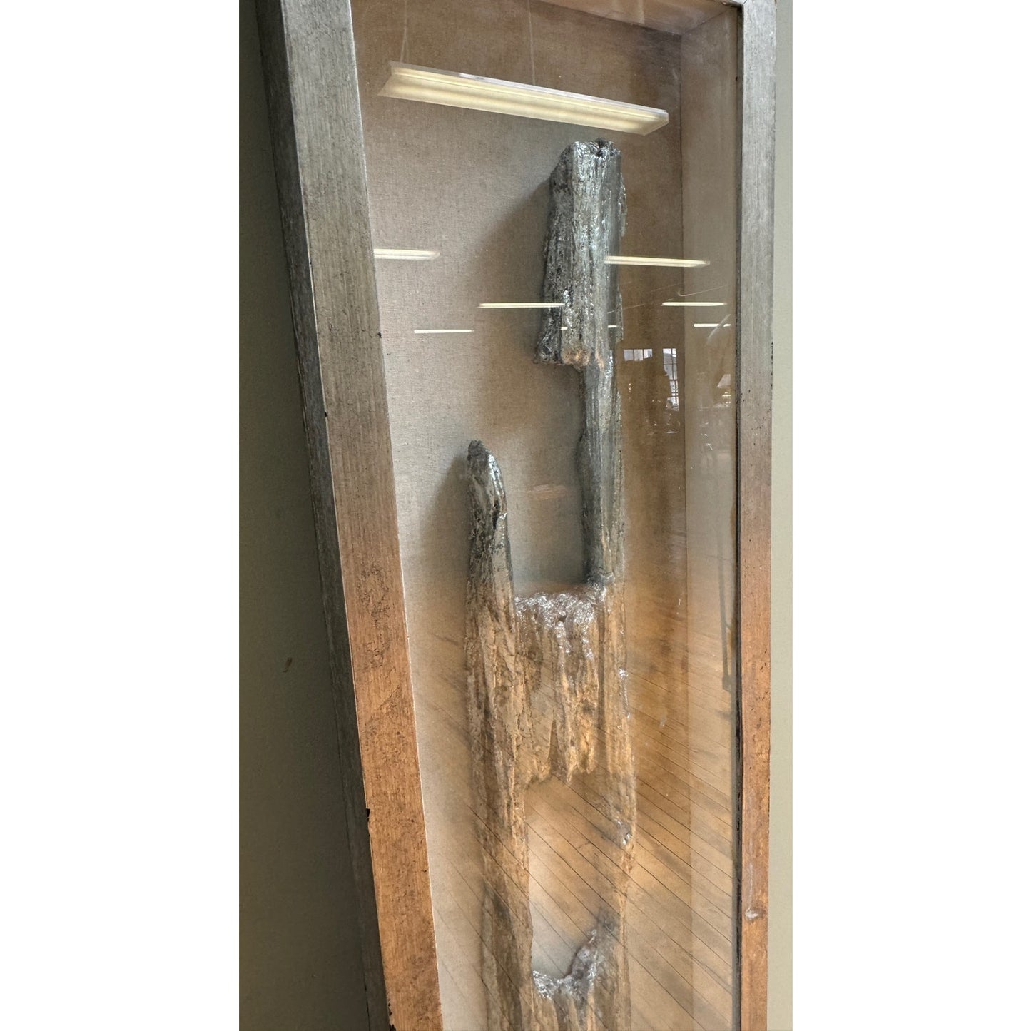 Christly Silver and Linen Fencepost Shadow Box (with water damage)