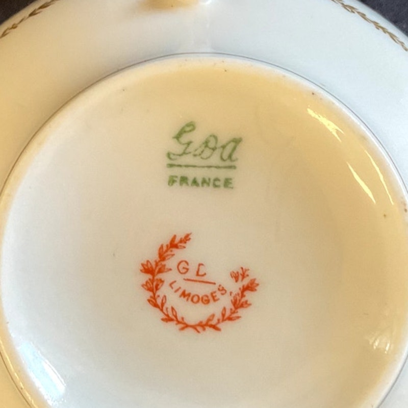 GDA Limoges Gilded w/ Ivy/Rose Pattern Bouillon Cup & Saucer