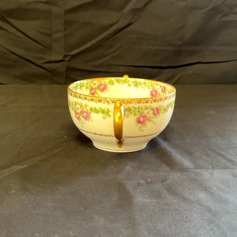 GDA Limoges Gilded w/ Ivy/Rose Pattern Bouillon Cup & Saucer