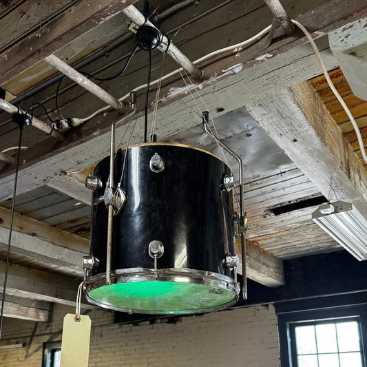 Upcycled Drum Hanging Light – Black Percussion Fixture w/ Smart Bulb, 15"x12"