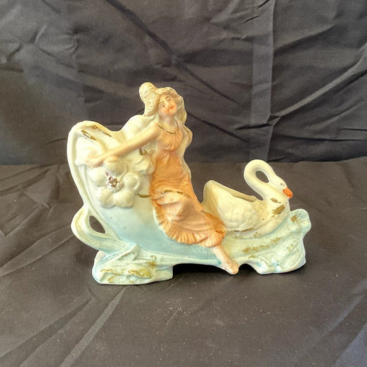 Antique Victorian German Bisque Lady Riding on Swan Planter