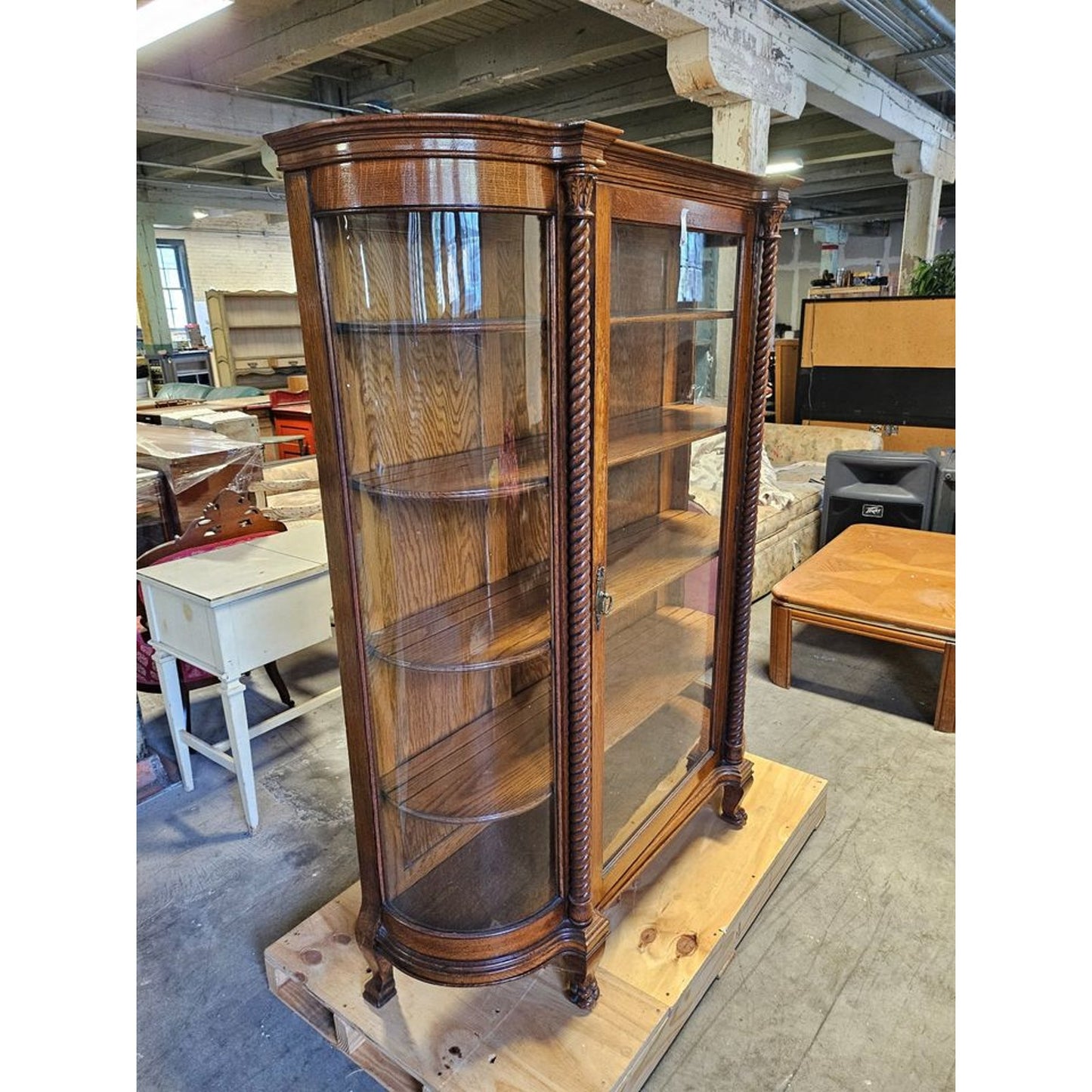 Antique Solid Oak Fine Carved Curved Glass China/Curio Cabinet