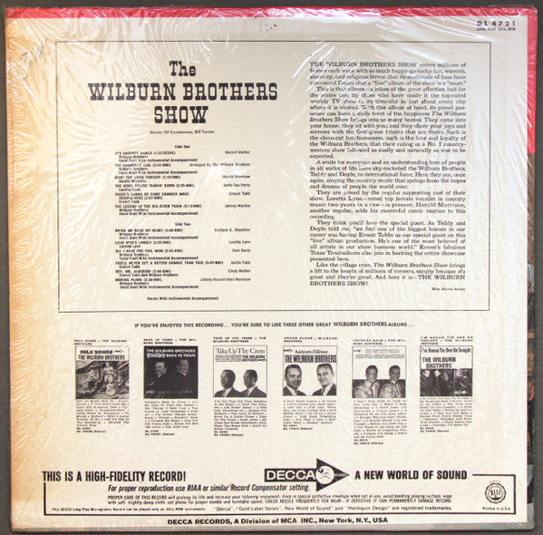 The Wilburn Brothers With Loretta Lynn And Harold Morrison Special Guest: Ernest Tubb : The Wilburn Brothers Show (LP,Album,Mono)