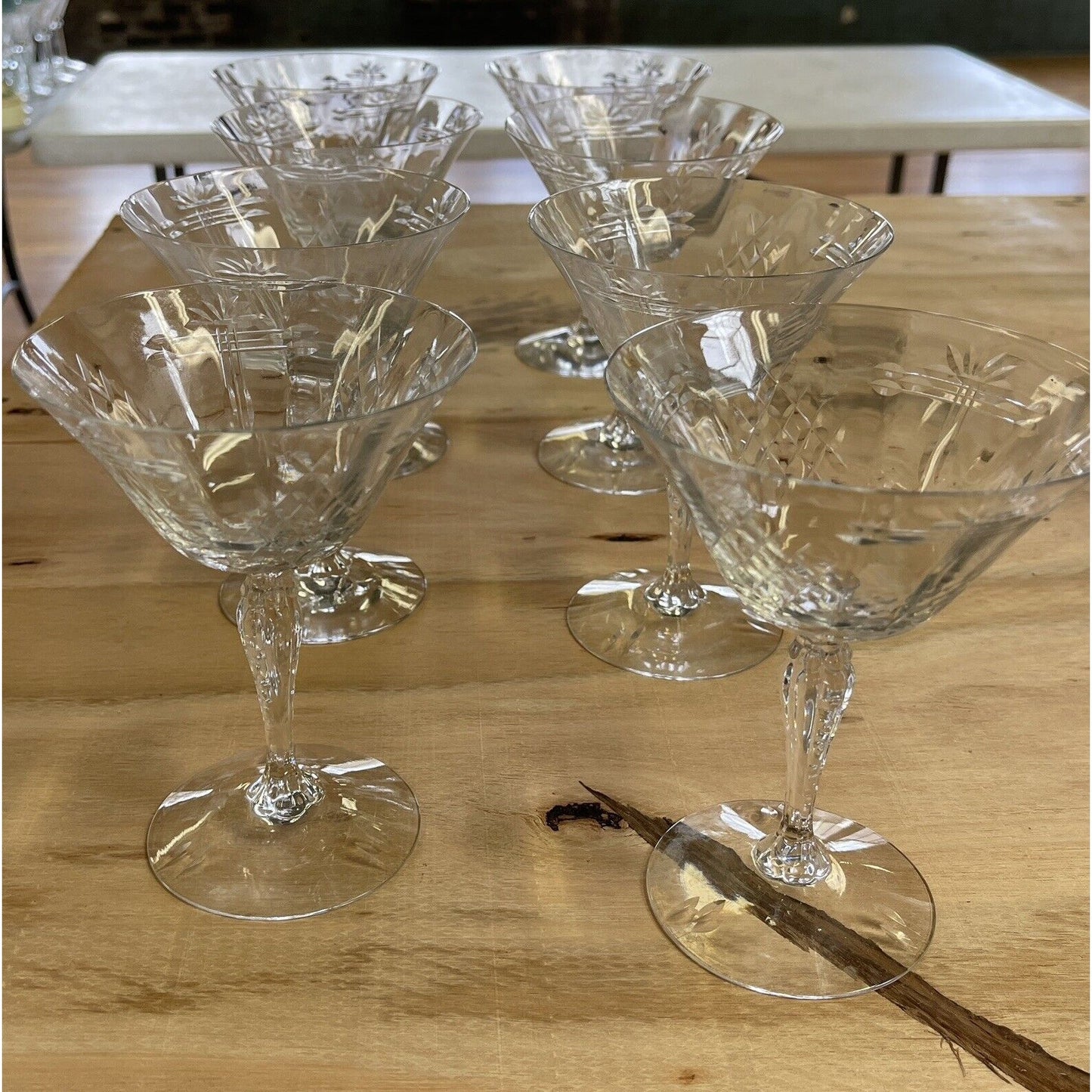 Rare Set of 8 Fostoria Staunton Cut Crystal Dessert or Champagne circa 1933-1943