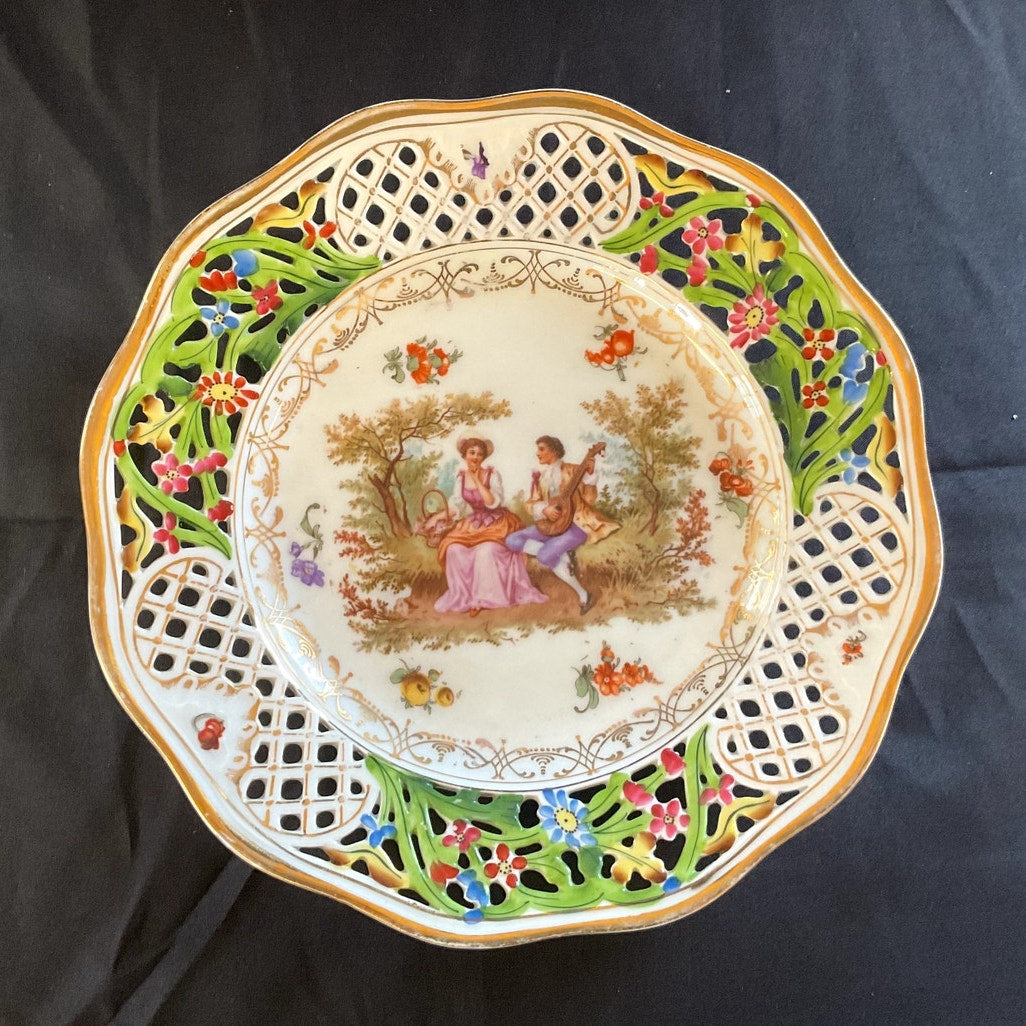 Vintage Reticulated Lattice Courting Couple Porcelain Dish