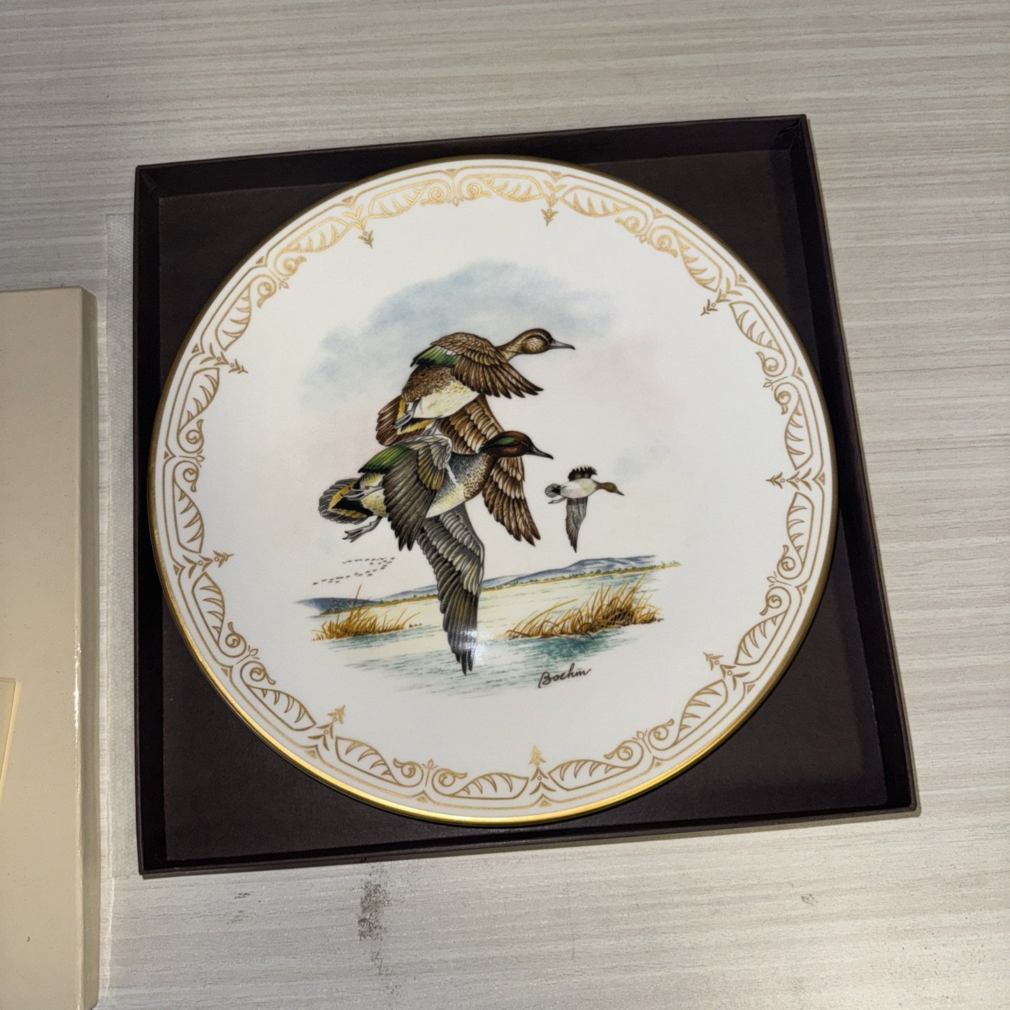 Boehm Water Bird Plate Gold Border Lithograph w/ Box & Ad Insert