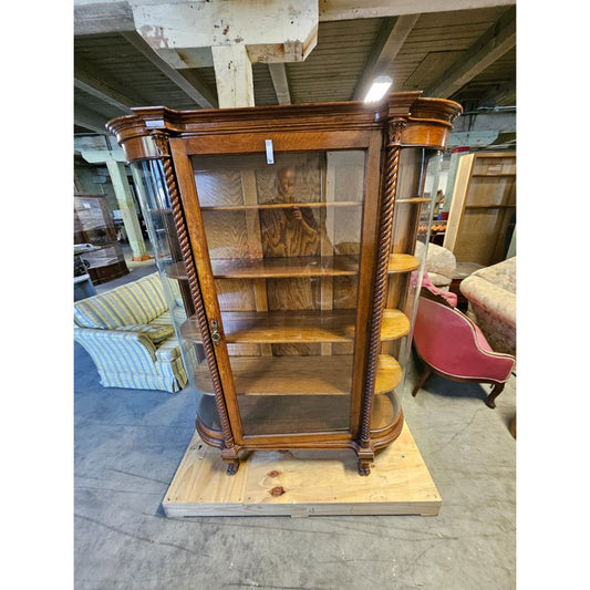 Antique Solid Oak Fine Carved Curved Glass China/Curio Cabinet